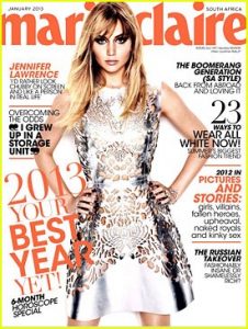 A picture of the supposedly chubby Jennifer Lawrence on the cover of Marie Claire magazine.