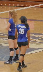 Irvington seniors Madi Fremont (#2) and Gita Venkatakrishnan (#16) on serve receive. PC: Channing Whitaker