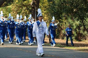 Irvington's drum major, senior Edward Chen, leads the marching band in its march (Photo: Harrison Cheng).