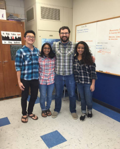 Juniors Calvin Tam, Nickita Gupta, and Aneesha Kumar dressed up as World History teacher Mr. Vucurevich (Photo: Radhika Munshani).