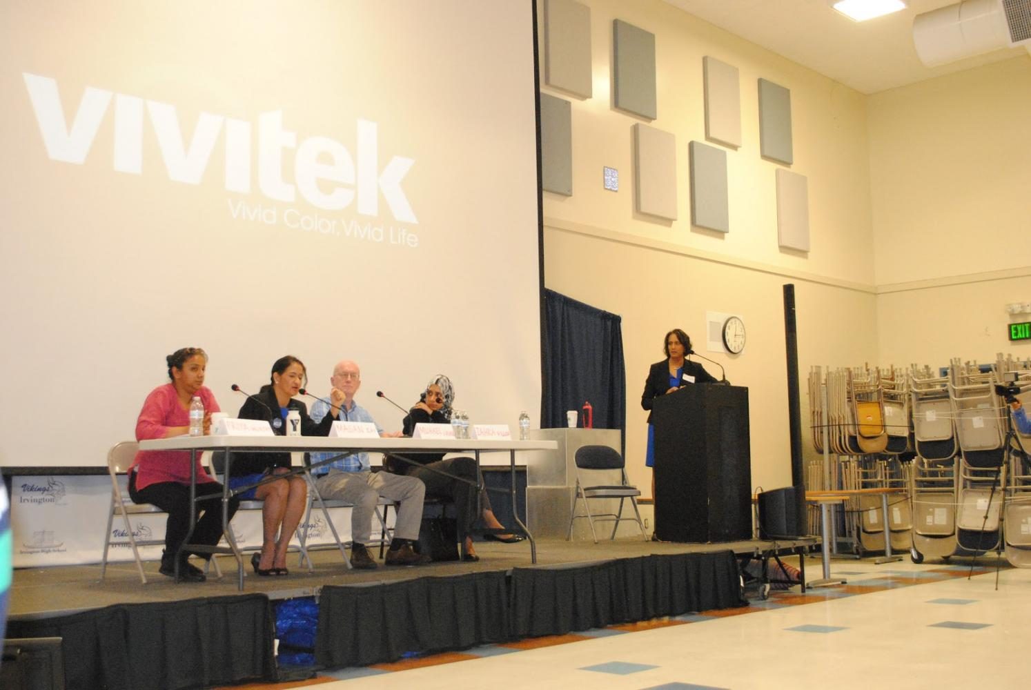 (From left to right) Priya Murthy, Magan Ray, Michael Chase, Zahra Billoo, and Kalpana Peddhibotla introduce themselves at the start of the forum