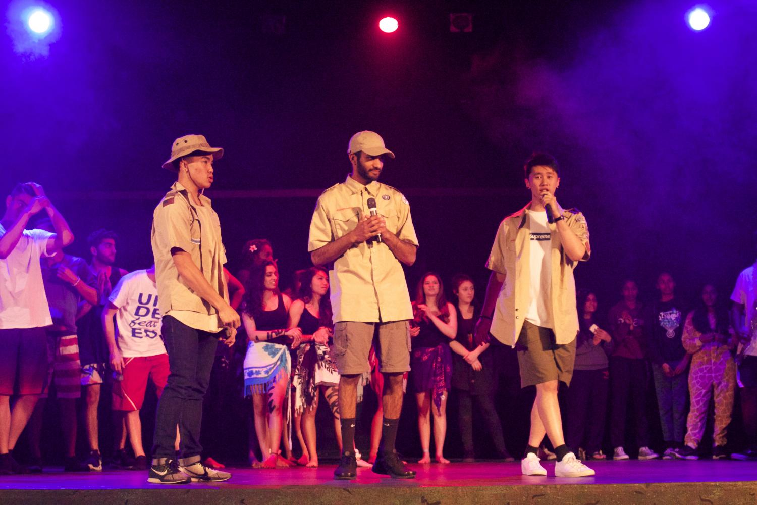 Seniors Joshua Chin, Ammar Chishty, and Dustin Le, the MCs of the night gather the performers on stage for a last thank you to the audience and their advisers.