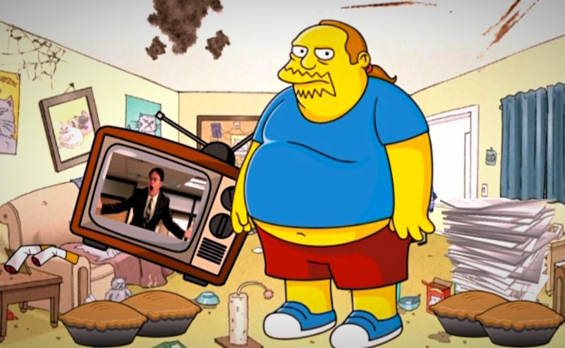 Stew Pidity rose in fame after completing his New Year’s Resolution. Here he is proudly posing next to his best friend, the TV, along with his pies, cigarettes, and divorce papers.