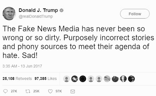  Ironically, Trump repeatedly Tweets about his frustration with ‘fake news’. 
