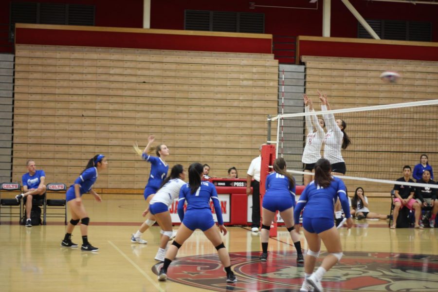  Irvington (left) gets ready to return the ball to their opponent, James Moreau (right).
