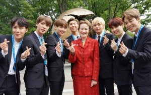BTS outside the United Nations in New York with Henriette Fore, UNICEF Executive Director