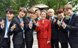 BTS outside the United Nations in New York with Henriette Fore, UNICEF Executive Director
