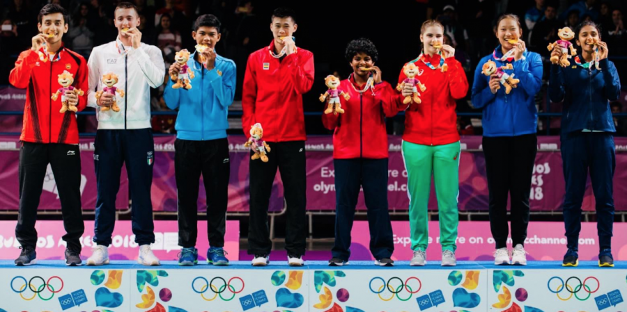 Jennie Gai (second from the right) won gold at the Youth Olympic Games in the Mixed Team Relay Event in Buenos Aires, Argentina.