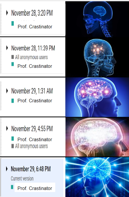 A visual demonstration of brain activity and Google Doc Version History as you approach submission time. 