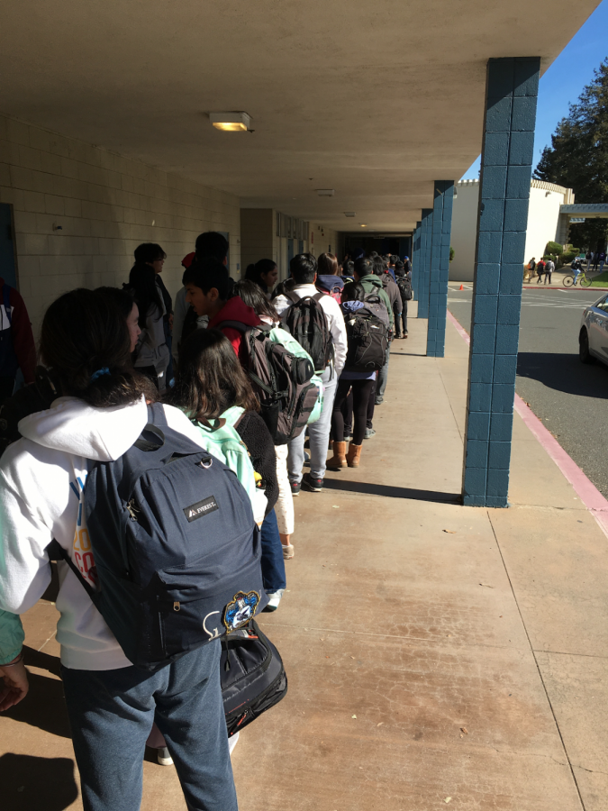 Irvington students line up outside Valhalla for an AP meeting. 