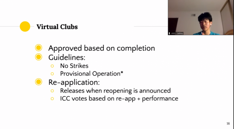 During the first Inter-Club Council (ICC) meeting of the year on September 3rd, ICC Director Jeffrey Cao (12) describes to clubs what virtual clubs are and their applications. However, on September 19th, they issued an update on ICC meetings, one of the most significant changes being that official clubs will now vote on whether or not virtual clubs will become official clubs.