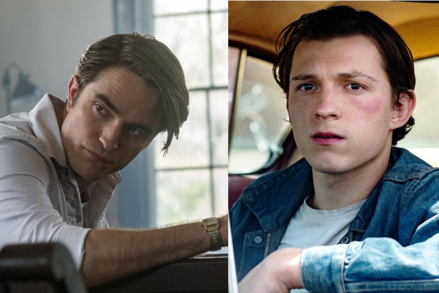 Pictured: Robert Pattison (left), who stars as Preston Teagardin, a dubious and immoral preacher and an outsider to the town of Knockemstiff, Ohio. Tom Holland (right), who stars as Arvin Russell, a young man embroiled in a series of mysterious, devilish events.