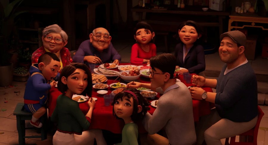 The movie emphasizes family devotion and togetherness, as shown here as Fei Fei’s family enjoys dinner together during the Mid-Autumn Festival. (Polygon)