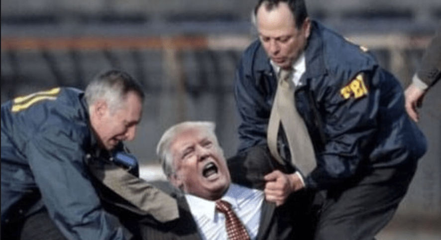 Trump (center) getting dragged out of the White House by FBI.
