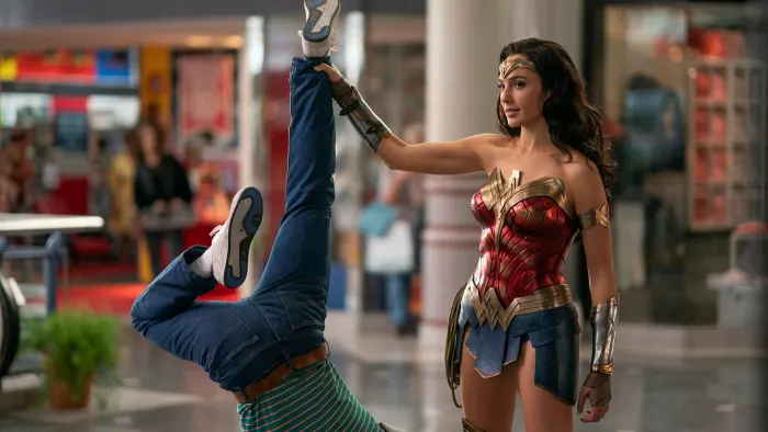 Diana Prince, played by Gal Gadot, having just caught a burglar in the mall.