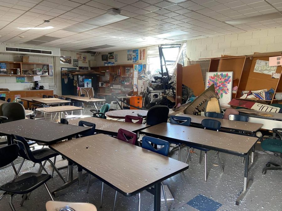 Theres not a danger of the walls falling down or anything like that, but it is in quite a bit of disarray right now, because it hasnt been cleaned up yet, Principal Melsby said. Because we have to make sure the insurance company can come take pictures.