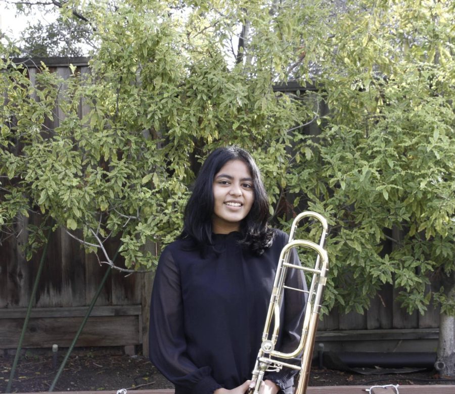 Suhani Shukla (11) plays trombone in Irvington's marching band and wind ensemble. (Photo credit: Suhani Shukla)