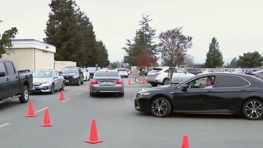 Cars waiting for rapid tests in Irvington parking lot