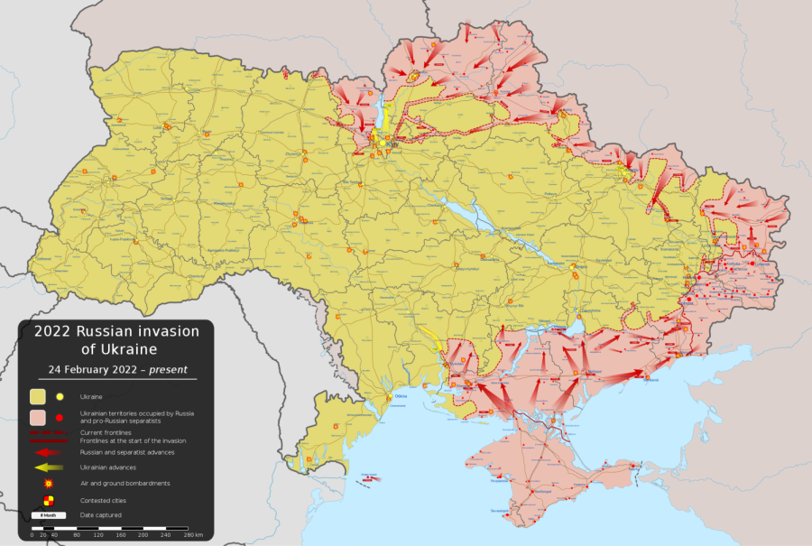 A map showing the current front lines in the Russian invasion of Ukraine, accurate as of 3/19/2022. Russian troops are sieging down Mariupol, Cherhiniv and Sumy, advancing in a broad front in Ukraines south and east. Kyiv and Kharkiv are holding out, despite heavy shelling and airstrikes. Source: https://commons.wikimedia.org/wiki/File:2022_Russian_invasion_of_Ukraine.svg