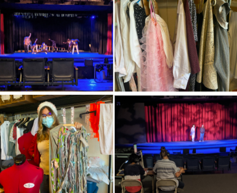 A rack holding “A Wrinkle in Time” costumes (top left).

The actors practice the opening scene of their play (top right).

Mirabelle Vardhan (11) shows off Aunt Beast’s dress (bottom left).

The sound and lighting coordinators go over their cues (bottom right).