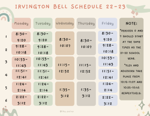 Irvington’s new bell schedule features two block days as opposed to this year’s four, while FLEX remains at two days per week.
