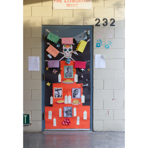Students decorated doors around the school, like this one with famous Mexican and Spanish-speaking historical figures.