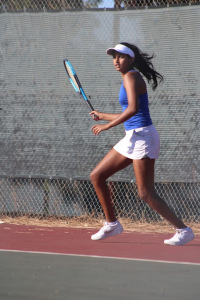  Sunanditha Vempati (12) glances across the court, reading what her opponent will do next.
