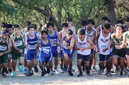 (Left to right), Reilly Akana(10), Aashish Rajakumar(9), and Jacob Johnson(9) begin to run