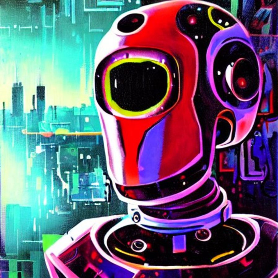 Cyberpunk robot image generated by Stable Diffusion, an AI art generator.