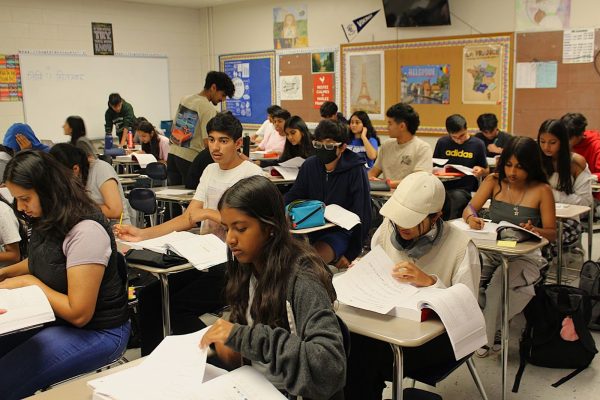 Hindi 1 students work diligently to finish their test before 4th period concludes. These students are part
of California’s first public high school accredited foriegn language class in Hindi.