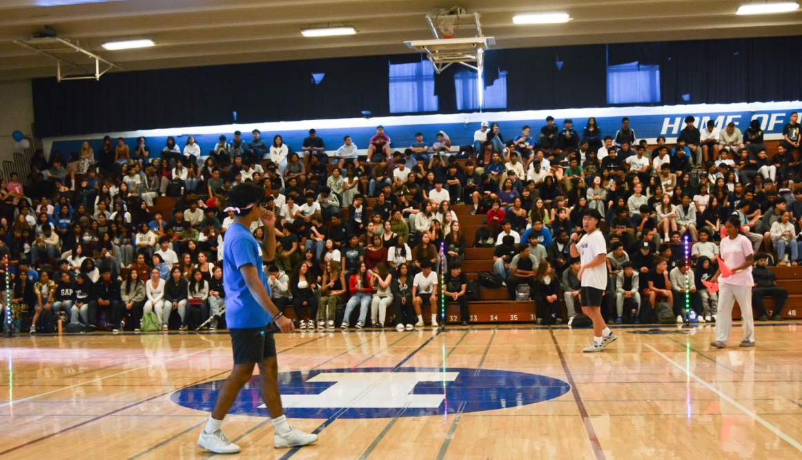 Rally Commissioners, Rithik Bhat (12) and Lawrence Jia (12), leading the IHS chant for the first time.

