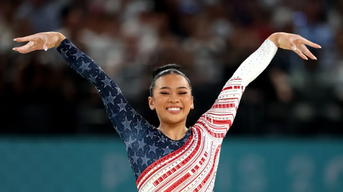 Suni Lee sticks her landing after her floor routine at the 2024 Olympics in Paris (Fox9).