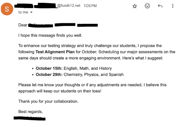 The email leaked between teachers that details the “test alignment plan.”