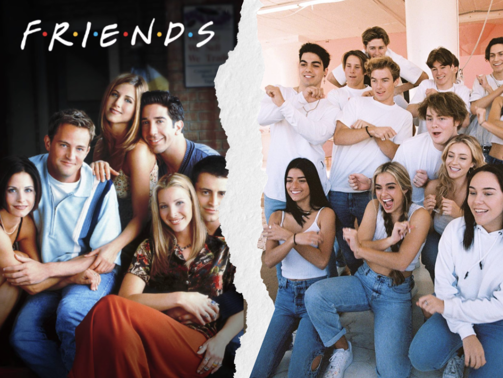 The cast of “Friends” and the “Hype House” side-by-side, illustrating how friendships portrayed in media have changed over the years. 