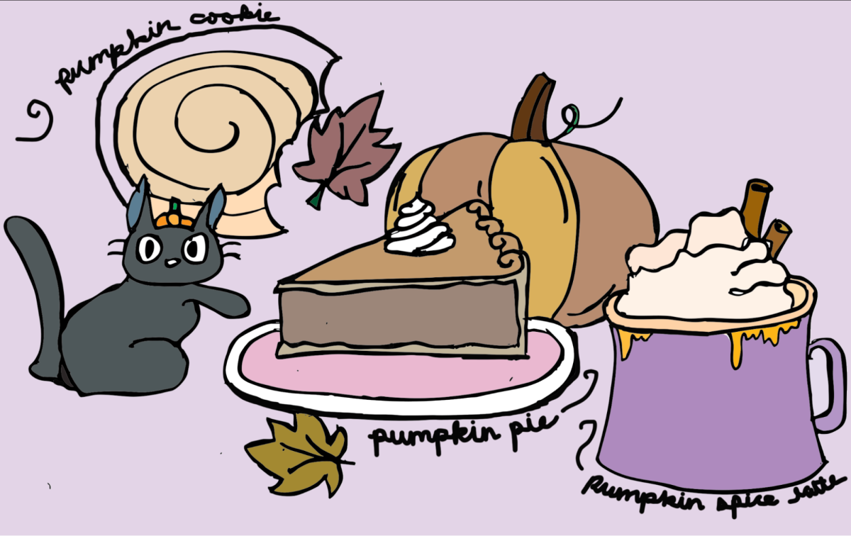 A cat points at a slice of pumpkin pie, ousting it out as the worst dessert out of the three.
