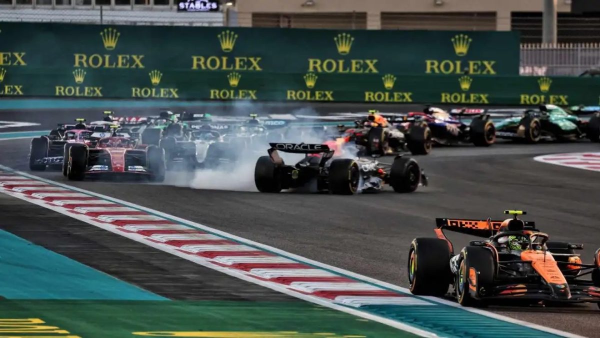 Verstappen spins after a collision with Piastri at the start of the Abu Dhabi Grand Prix.