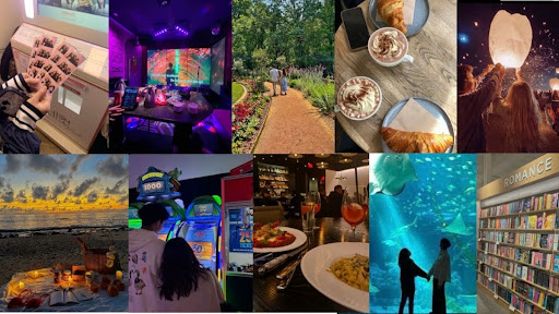 A collage of some super fun first date spots to go to with your Valentine (this could be you!) (Charlotte Lin)