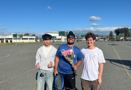 Gurpreet Jolly (12) poses with his friends during the 2025 Boy’s Tennis Senior Night at American High School. 