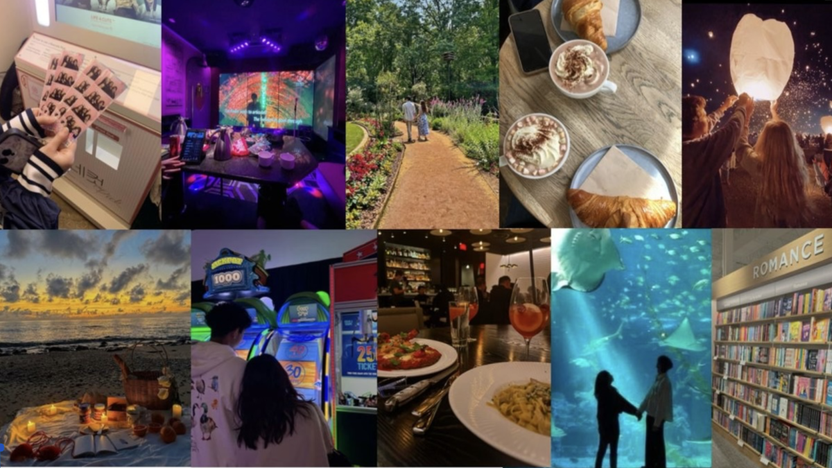 A collage of some super fun first date spots to go to with your Valentine!
