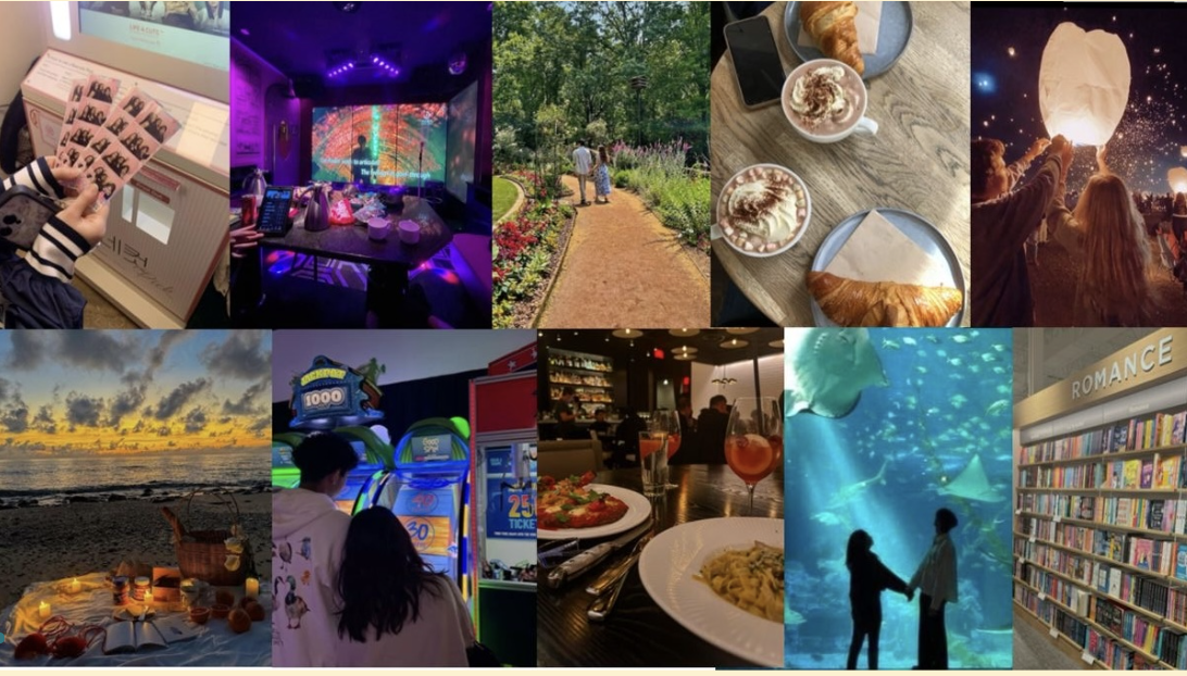 A collage of some super fun first date spots to go to with your Valentine!