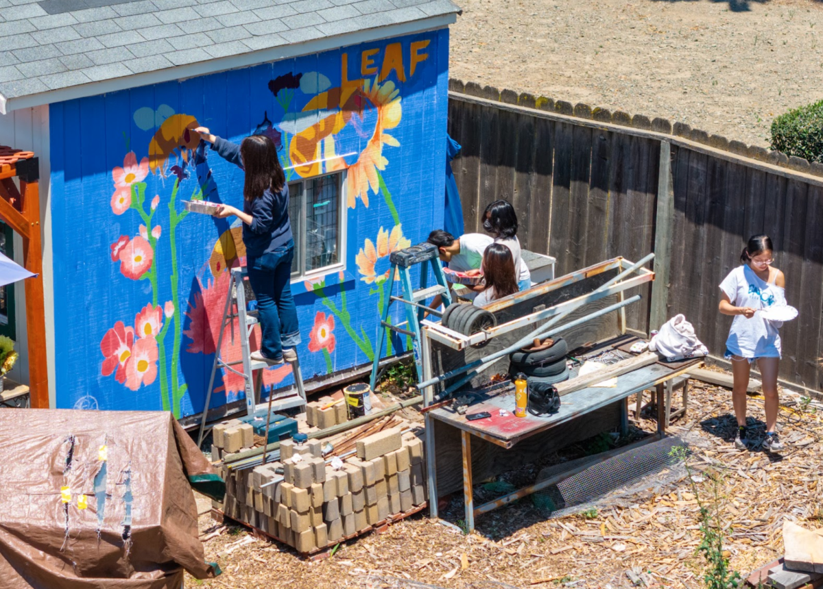 Brushstrokes team members painting the side of a bee shed at the Leaf Urban Farm, emphasizing pollinator importance.