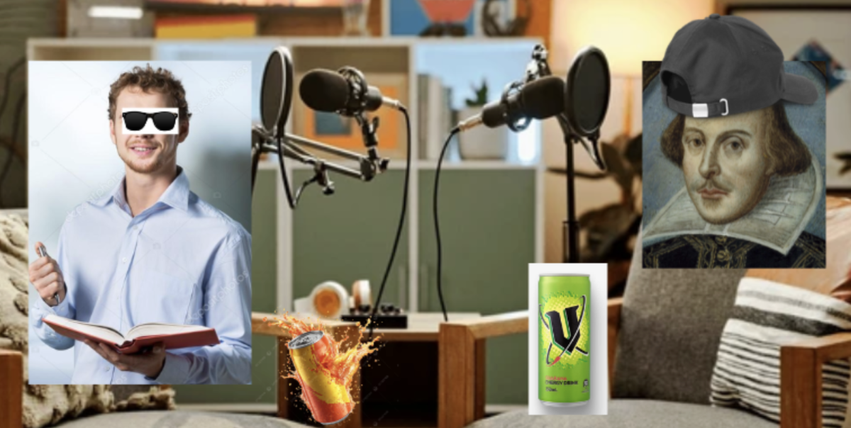 An english teacher and William Shakespeare depicted podcasting in preparation for this interview.
