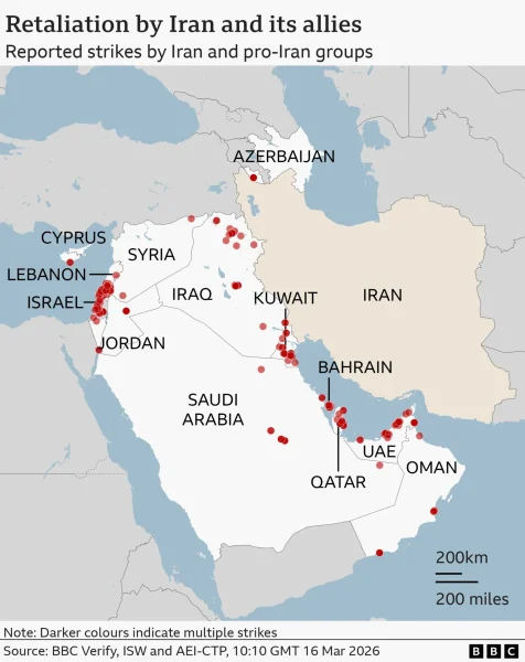 BBC: Reported strikes across the Middle East, both retalitory and defensive, by both Iran and Western forces. 