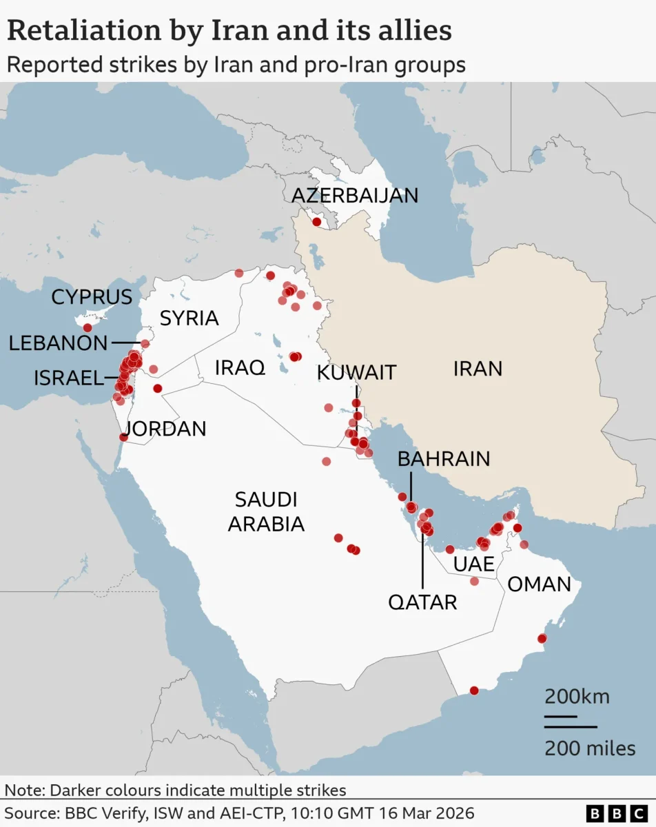 BBC: Reported strikes across the Middle East, both retalitory and defensive, by both Iran and Western forces. 